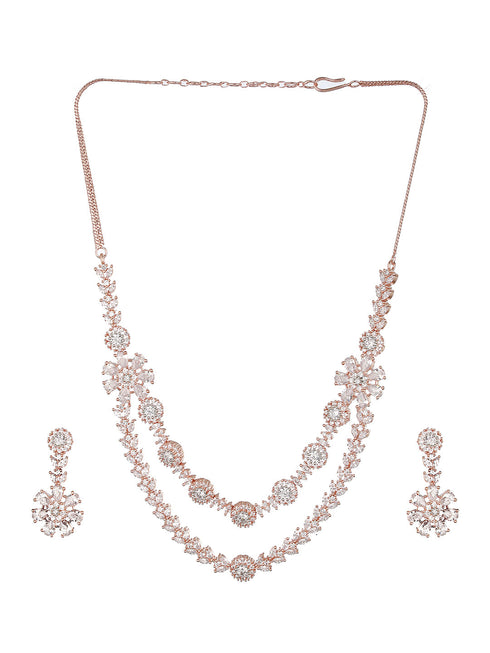Rose White CZ Studded 2 Line Floral Jewellery Set