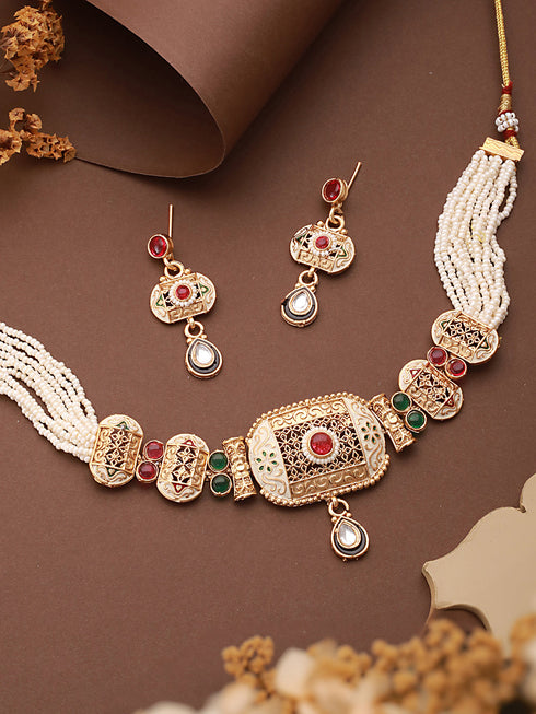 Gold Plated Fusion Stone Studded Filigree Choker Jewellery Set
