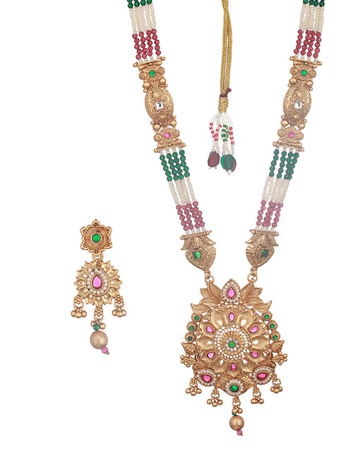 Gold Plated Fusion Stone Studded Pendant Long Maala Bridal Jewellery Set