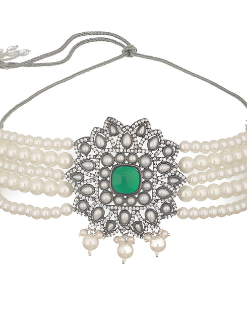 Silver Oxidised Victorian AD Studded Pearl Beaded Luxe Choker Jewellery Set