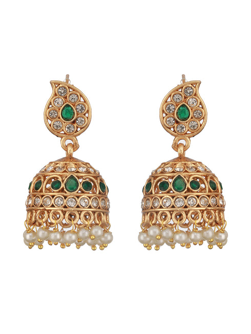 Gold Plated Green Zircon & Pearl Beaded Floral Pipe Pendant Jewellery Set With Jhumka