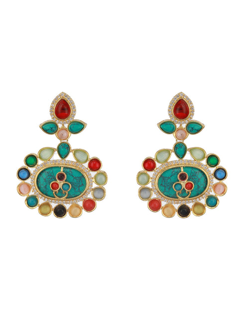 Gold plated Turquoise Blue Nav Ratan Kundan Floral Raanihaar Jewellery Set