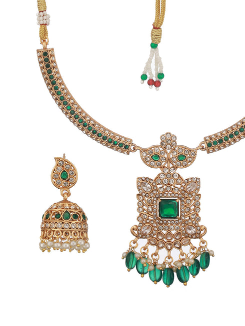 Gold Plated Green Zircon & Pearl Beaded Floral Pipe Pendant Jewellery Set With Jhumka