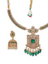 Gold Plated Green Zircon & Pearl Beaded Floral Pipe Pendant Jewellery Set With Jhumka