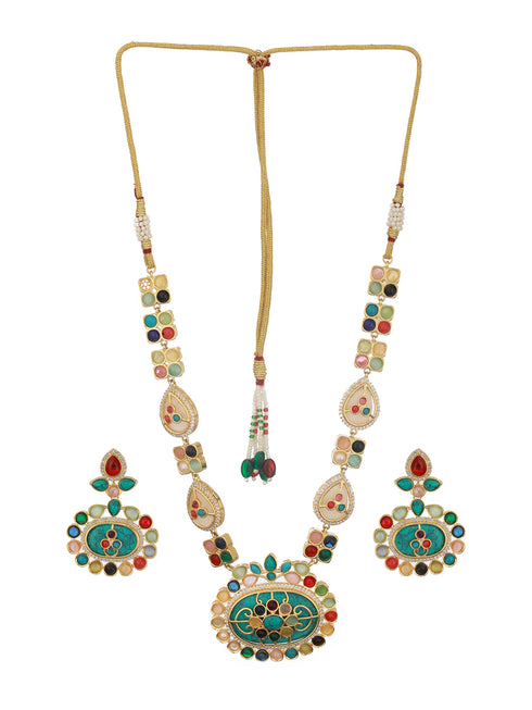 Gold plated Turquoise Blue Nav Ratan Kundan Floral Raanihaar Jewellery Set