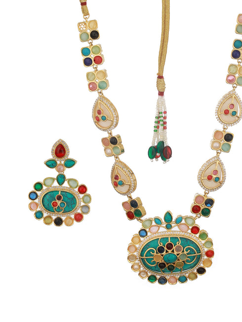 Gold plated Turquoise Blue Nav Ratan Kundan Floral Raanihaar Jewellery Set