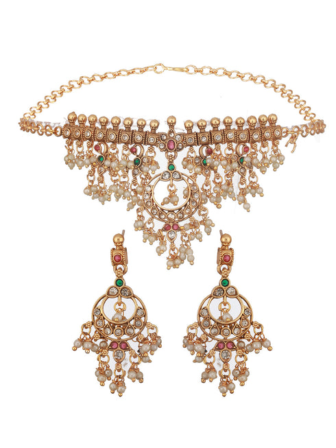 Gold Plated Kemp Stones Pearl beaded Chandbali Pendant Style Choker Jewellery Set