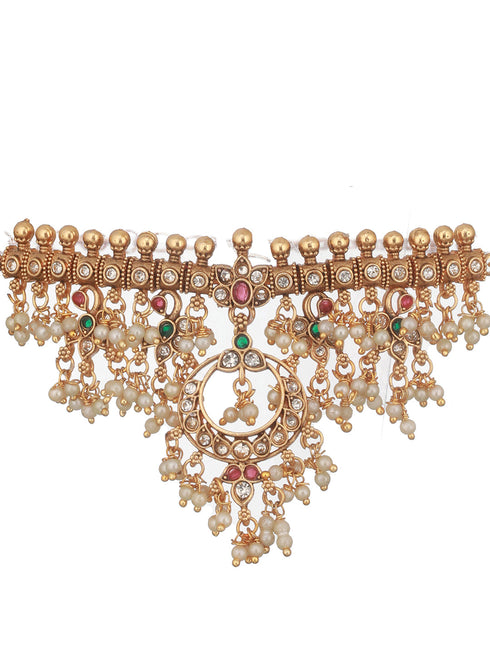 Gold Plated Kemp Stones Pearl beaded Chandbali Pendant Style Choker Jewellery Set