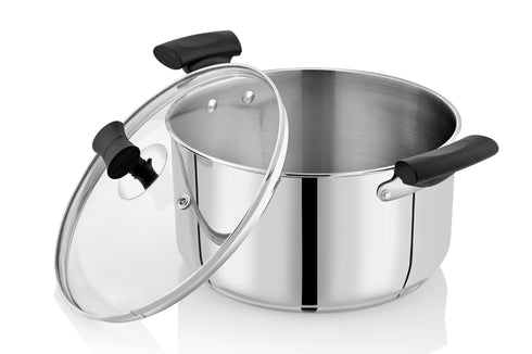 Vinod DONIV Stainless Steel Sandwich Bottom Solitaire Sauce Pot with Glass Lid and Side handle Induction Friendly Capacity 4.3 Liter 22cm