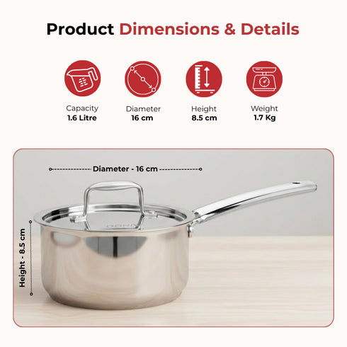 Vinod Doniv Titanium Triply Stainless Steel Sauce Pan with Cover 16 cm Capacity 1.60 liter Induction Friendly