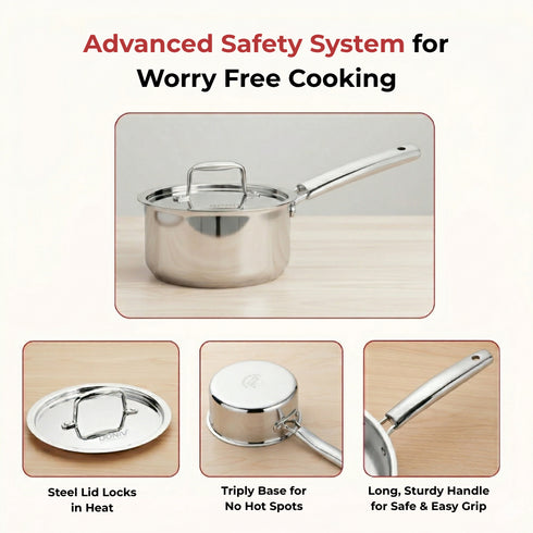 Vinod Doniv Titanium Triply Stainless Steel Sauce Pan with Cover 14 cm Capacity 1 Liter Induction Friendly