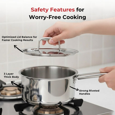 Vinod Doniv Titanium Triply Stainless Steel Sauce Pan with Cover 18 cm Capacity 2.2 Liter Induction Friendly