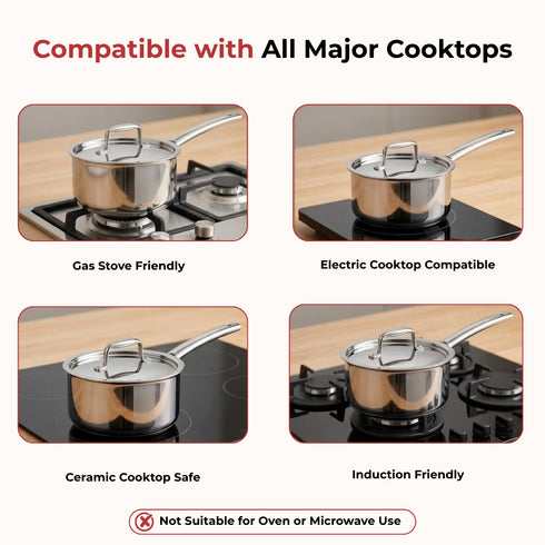 Vinod Doniv Titanium Triply Stainless Steel Sauce Pan with Cover 16 cm Capacity 1.60 liter Induction Friendly