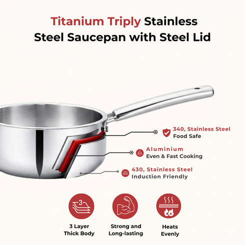 Vinod Doniv Titanium Triply Stainless Steel Sauce Pan with Cover 18 cm Capacity 2.2 Liter Induction Friendly