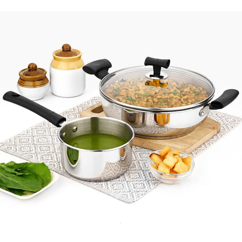 Vinod DONIV Stainless Steel Sandwich Bottom Solitaire Cookware Set 1 Pc Sauce Pan 1 Pc Kadhai with Glass Lid Induction Friendly Set of 2 Pcs