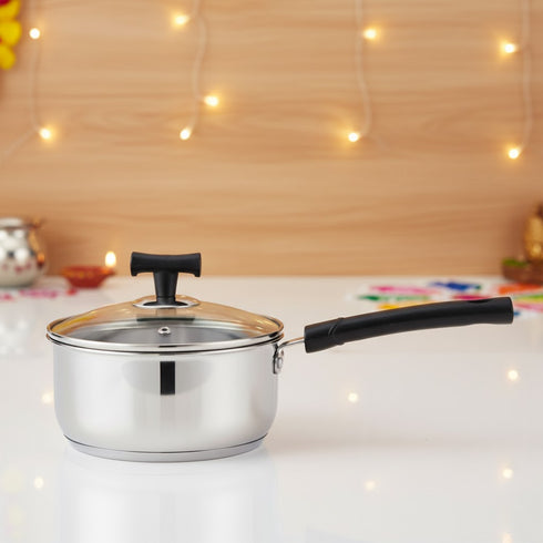 Vinod DONIV Stainless Steel Sandwich Bottom Solitaire Sauce Pan with Glass Lid Induction Friendly Capacity 1.1 Ltr 14cm