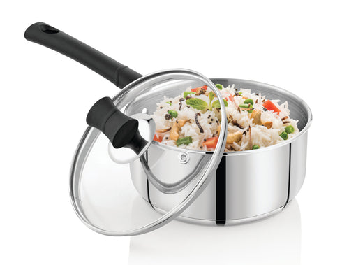 Vinod DONIV Stainless Steel Sandwich Bottom Solitaire Sauce Pan with Glass Lid Induction Friendly Capacity 1.4 Ltr 16cm