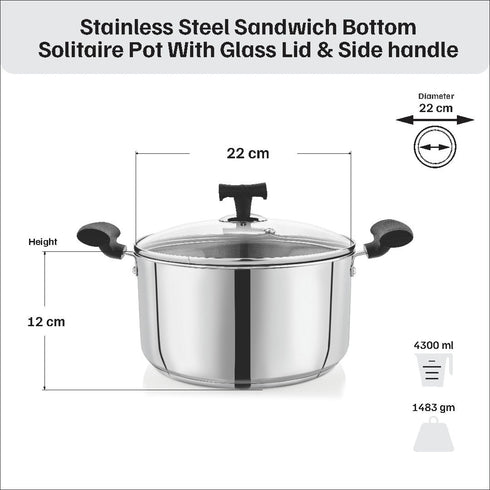 Vinod DONIV Stainless Steel Sandwich Bottom Solitaire Sauce Pot with Glass Lid and Side handle Induction Friendly Capacity 4.3 Liter 22cm