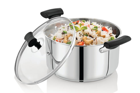 Vinod DONIV Stainless Steel Sandwich Bottom Solitaire Sauce Pot with Glass Lid and Side handle Induction Friendly Capacity 4.3 Liter 22cm