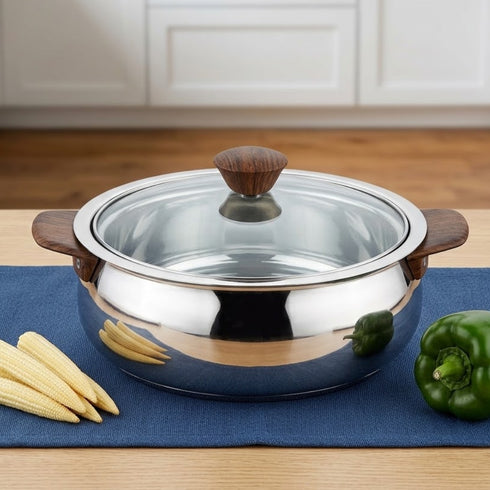 Vinod Stainless Steel Aroma Insulated Casserole with Glass Lid and Wooden Knob 1250 ml High Grade Stainless Steel and Rust Free