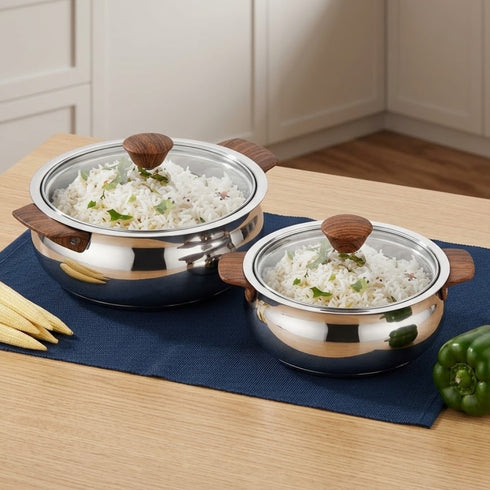 Vinod Stainless Steel Aroma Insulated Casserole with Glass Lid and Wooden Knob Set of 2 Pcs Capacity 750 ml and 1250 ml