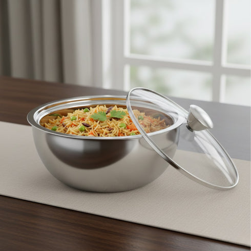 Vinod Stainless Steel Montero Insulated Casserole with Glass Lid and Steel Knob 1500 ml PUF PUF Coated High Quality Stainless Steel Rust Free