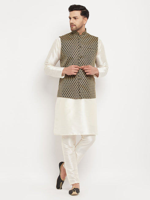 Vastramay Men's Black Silk Blend Jacket With Kurta Pant Set