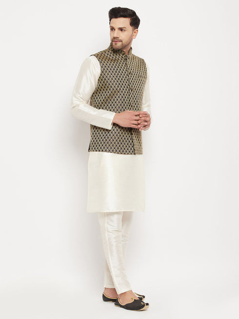 Vastramay Men's Black Silk Blend Jacket With Kurta Pant Set