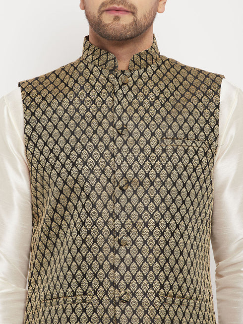 Vastramay Men's Black Silk Blend Jacket With Kurta Pant Set