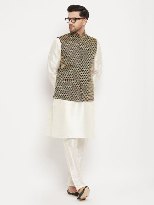 Vastramay Men's Black Silk Blend Jacket With Kurta Pant Set