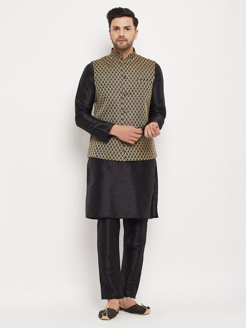 Vastramay Men's Black Silk Blend Jacket With Kurta Pant Set