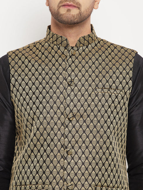 Vastramay Men's Black Silk Blend Jacket With Kurta Pant Set