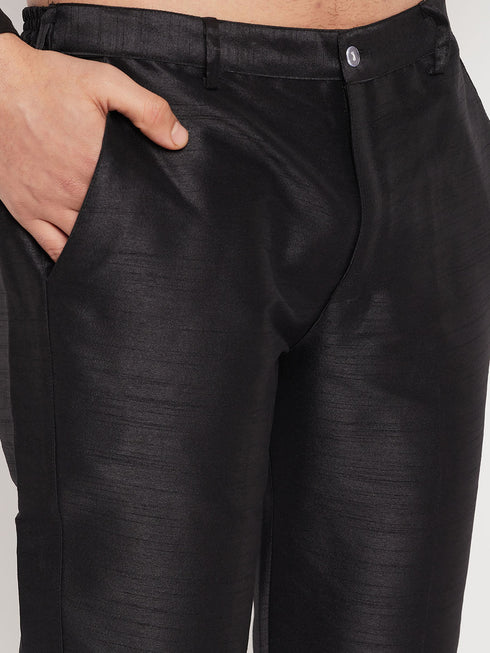 Vastramay Men's Black Silk Blend Jacket With Kurta Pant Set