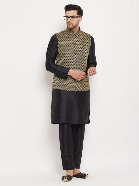Vastramay Men's Black Silk Blend Jacket With Kurta Pant Set