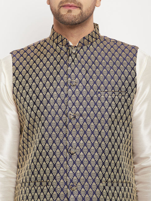 Vastramay Men's Blue Silk Blend Jacket with Kurta Pant Set