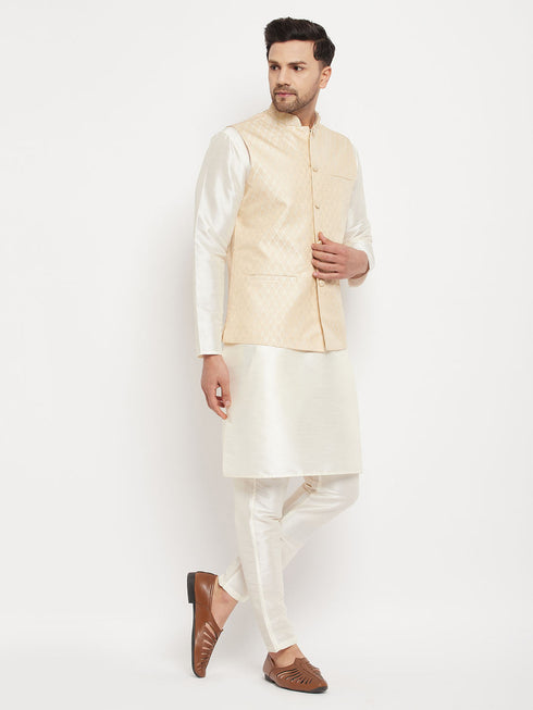 Vastramay Men's Cream Silk Blend Jacket with Kurta Pant Set