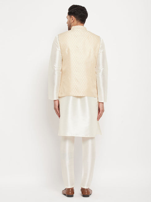 Vastramay Men's Cream Silk Blend Jacket with Kurta Pant Set