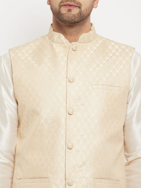 Vastramay Men's Cream Silk Blend Jacket with Kurta Pant Set