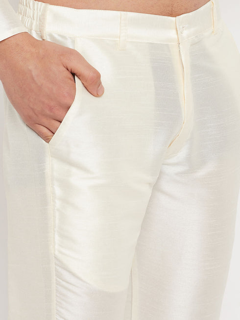 Vastramay Men's Cream Silk Blend Jacket with Kurta Pant Set