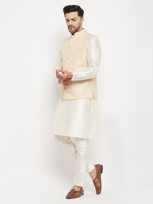 Vastramay Men's Cream Silk Blend Jacket with Kurta Pant Set