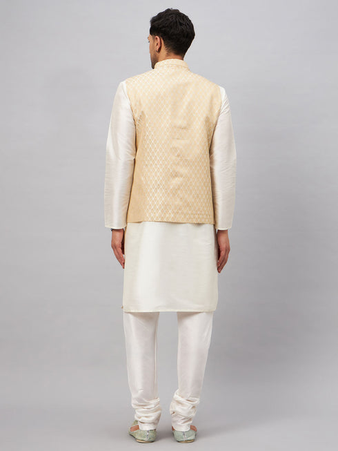 Vastramay Men's Cream Silk Blend Jacket with Kurta Pyjama Set