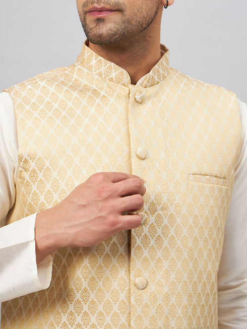Vastramay Men's Cream Silk Blend Jacket with Kurta Pyjama Set
