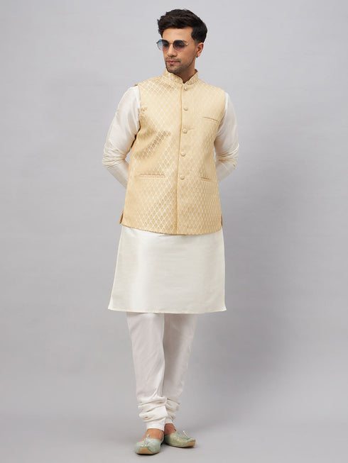 Vastramay Men's Cream Silk Blend Jacket with Kurta Pyjama Set