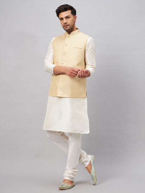 Vastramay Men's Cream Silk Blend Jacket with Kurta Pyjama Set