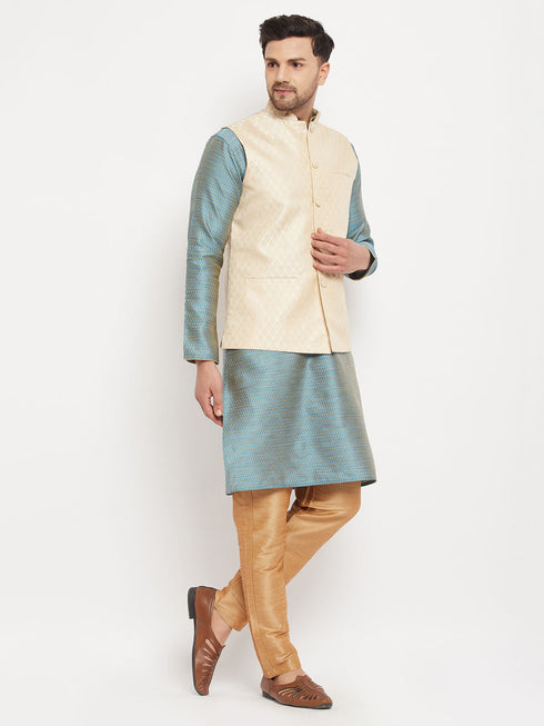 Vastramay Men's Cream Silk Blend Jacket with Kurta Pant Set