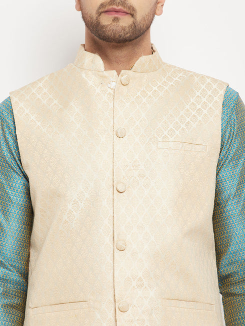 Vastramay Men's Cream Silk Blend Jacket with Kurta Pant Set