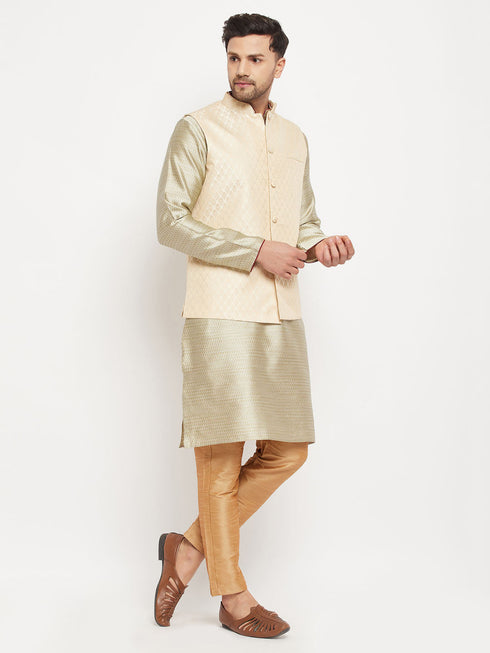 Vastramay Men's Cream Silk Blend Jacket with Kurta Pant Set