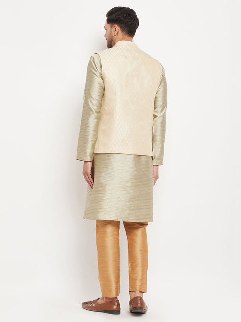 Vastramay Men's Cream Silk Blend Jacket with Kurta Pant Set