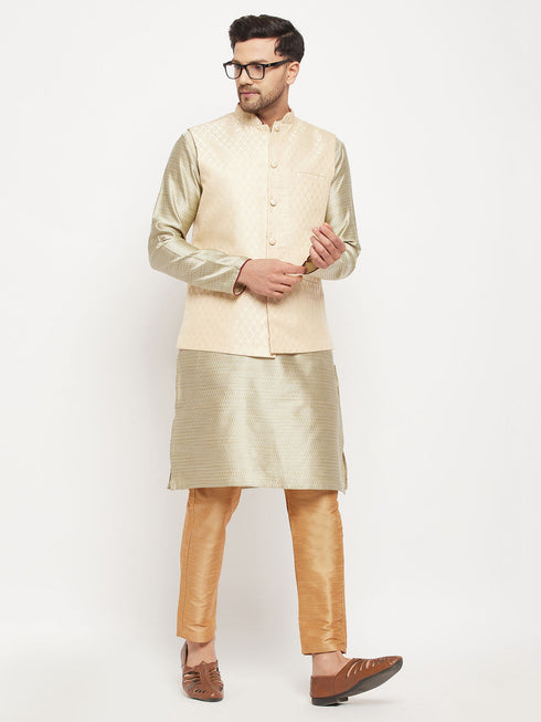 Vastramay Men's Cream Silk Blend Jacket with Kurta Pant Set