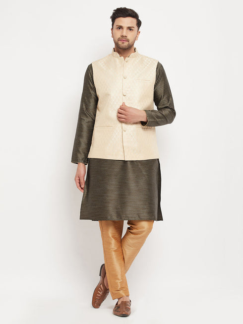 Vastramay Men's Cream Silk Blend Jacket with Kurta Pant Set